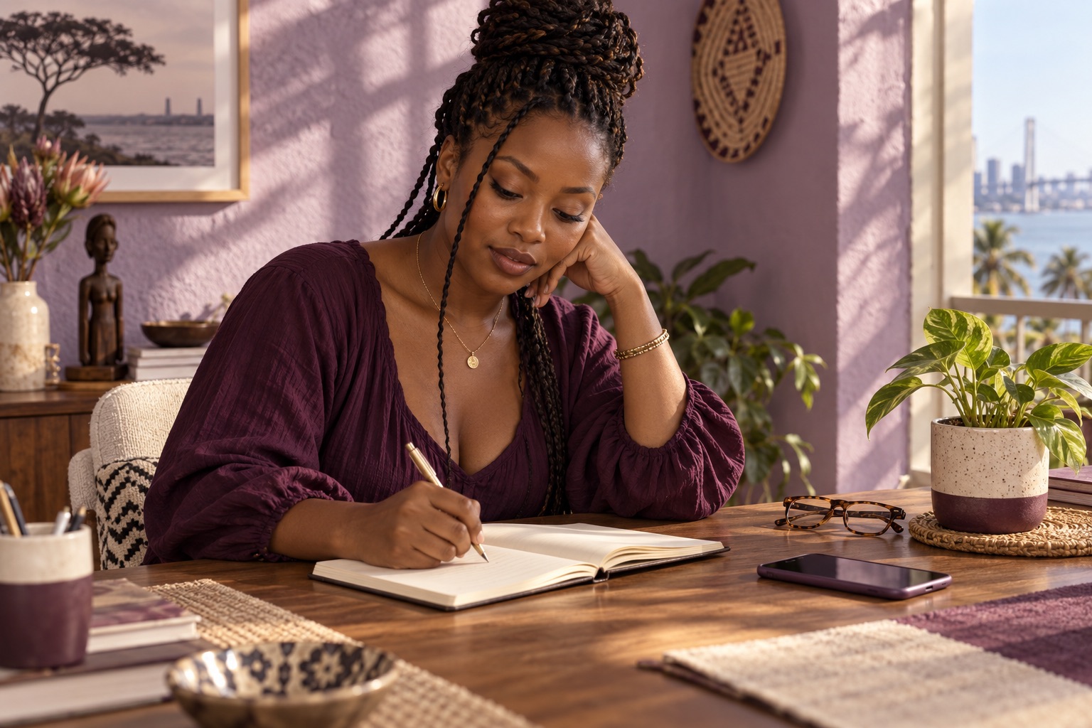 Mulher a escrever ideias para a sua apresentação num caderno, numa sala luminosa.