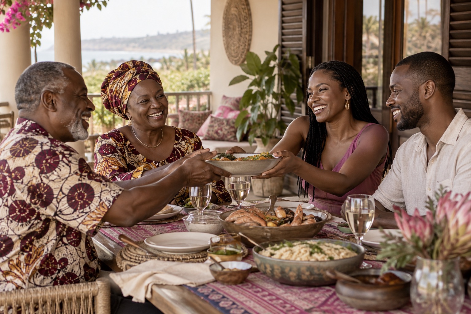 Casal adulto a partilhar um almoço com os pais numa varanda.
