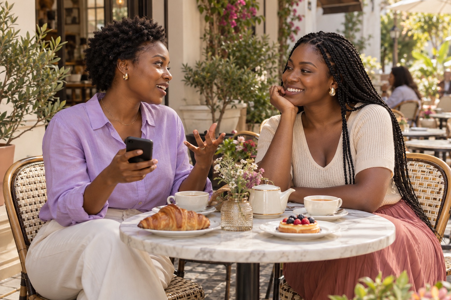 Duas amigas adultas conversam num café; uma segura um telemóvel sem mostrar o ecrã.