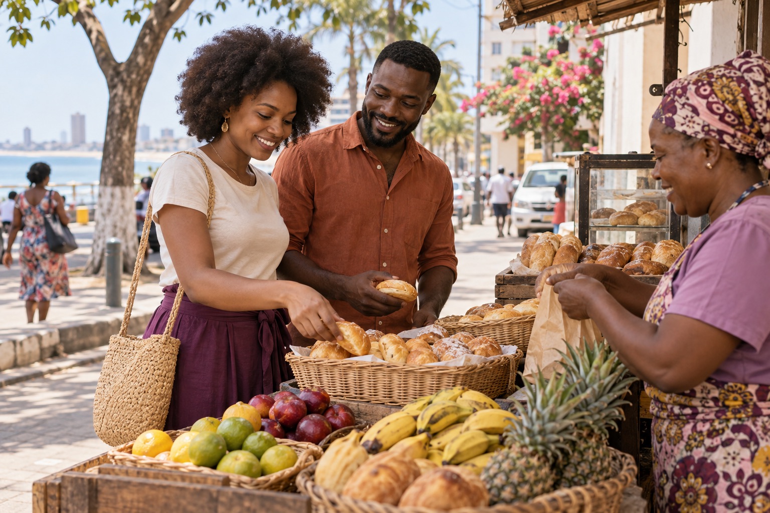 Duas pessoas escolhem pão e fruta numa banca ao ar livre, acompanhadas pelo vendedor.