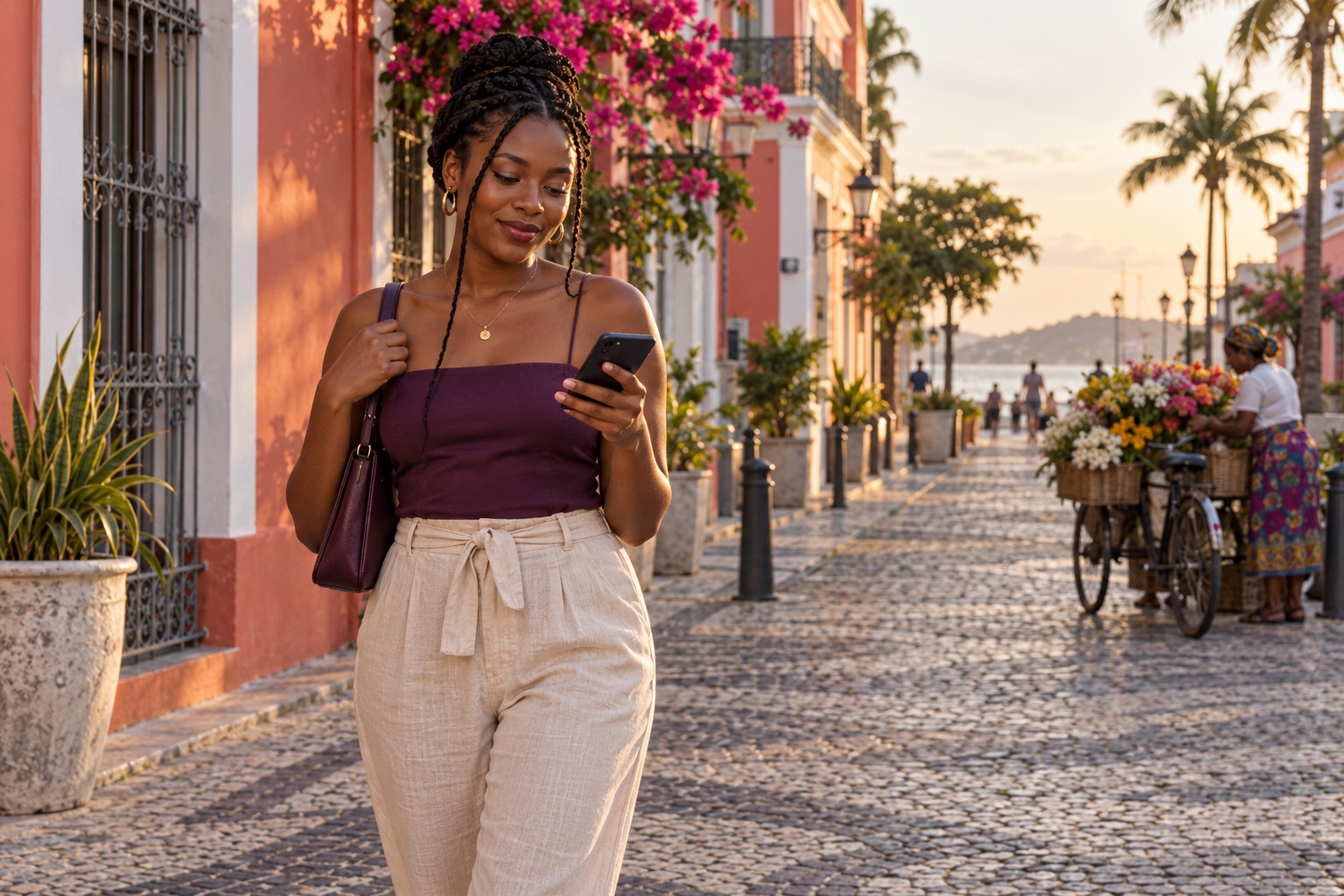 Mulher a olhar para o telemóvel numa rua pedonal com fachadas coloridas e flores.