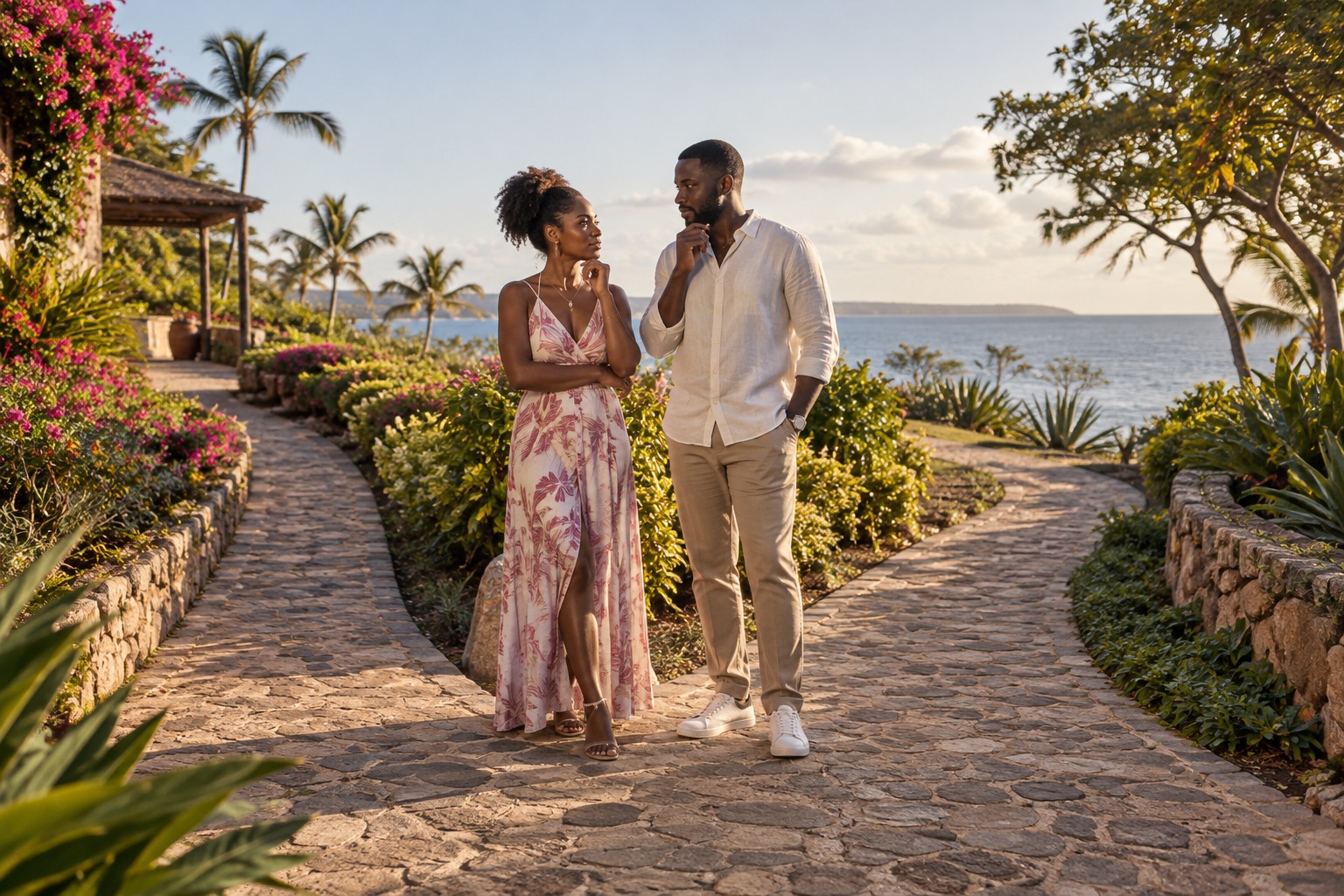Casal a conversar junto a dois caminhos num jardim costeiro.