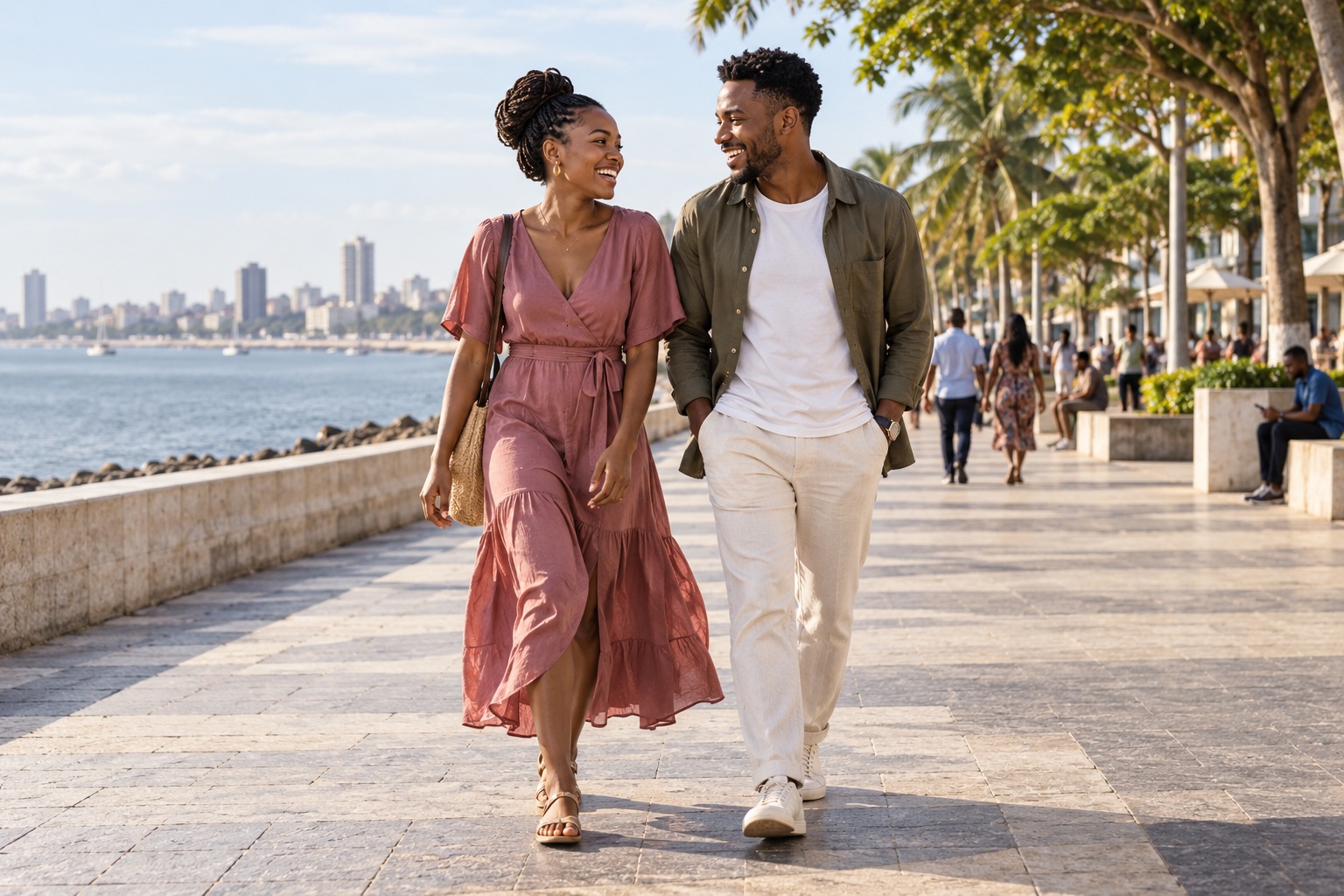 Um casal adulto passeia lado a lado numa avenida junto ao mar, numa cena ilustrativa.