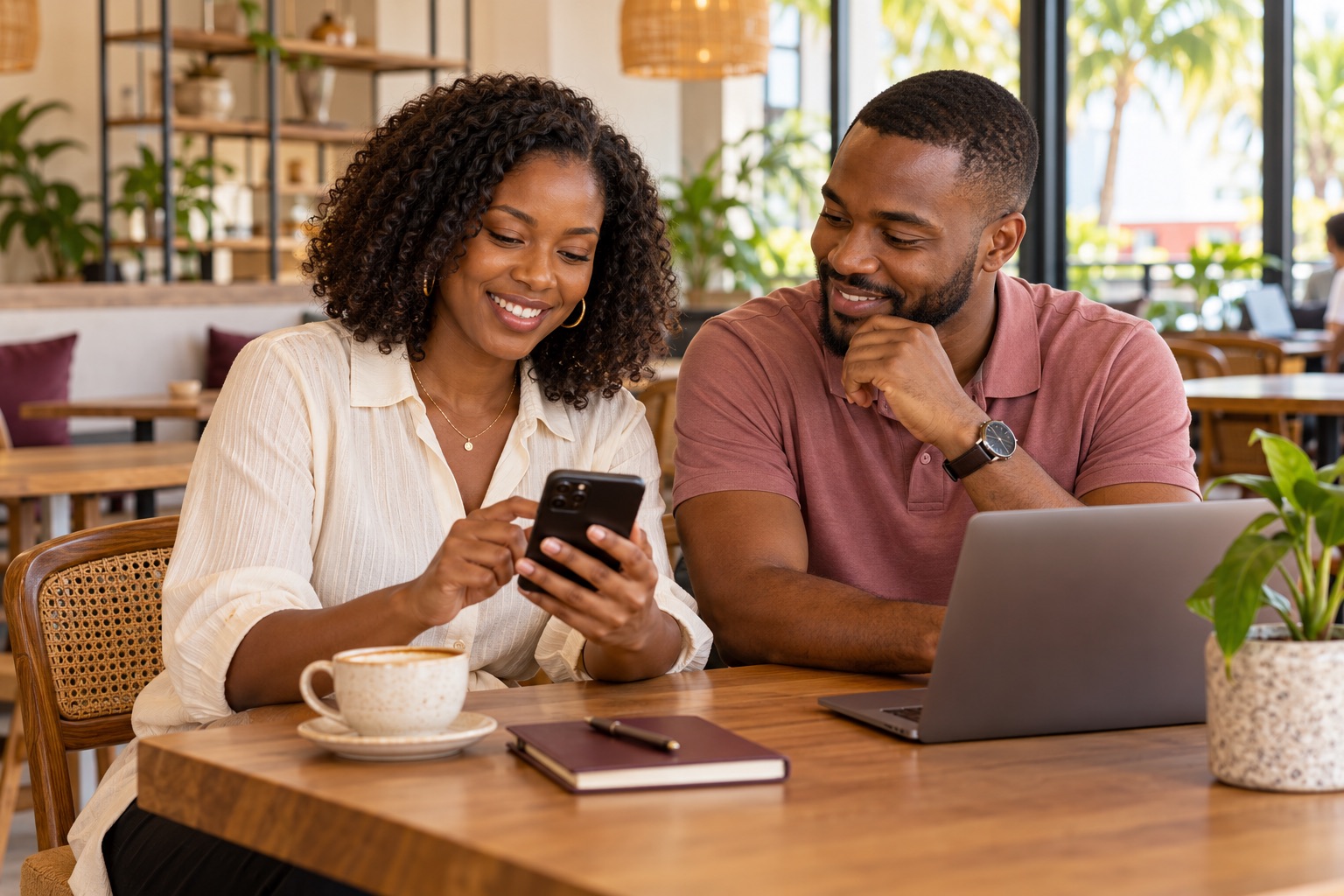 Duas pessoas adultas analisam um telemóvel numa mesa de café, com o ecrã fora de vista.