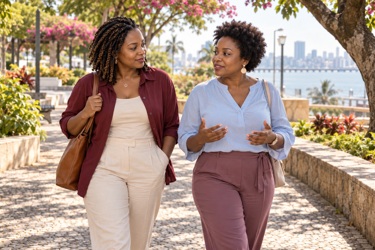 Duas amigas adultas caminham num jardim enquanto conversam com atenção.