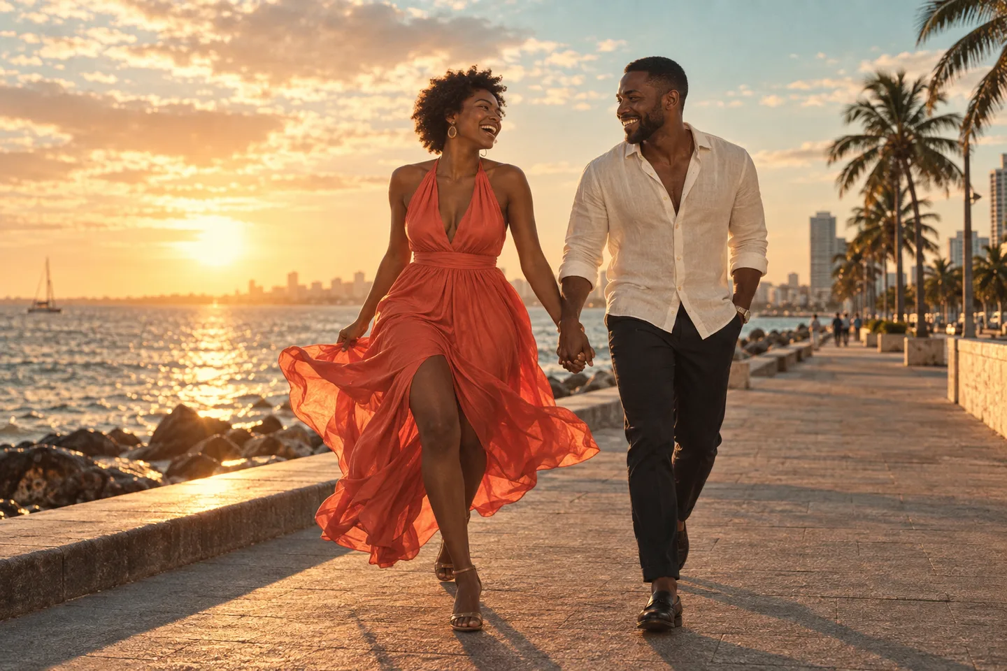 Um casal adulto caminha na costa ao fim da tarde