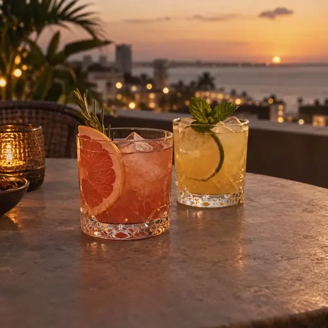 Bebidas num rooftop ao pôr do sol