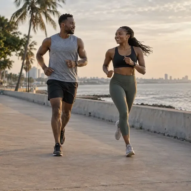 Um homem e uma mulher correm juntos junto ao mar