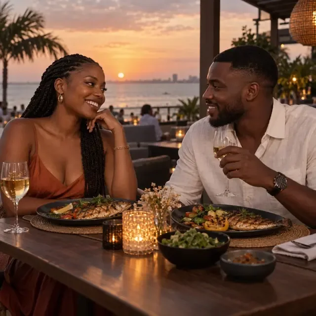 Um homem e uma mulher partilham um jantar