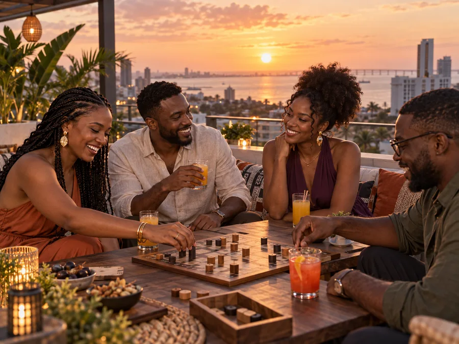 Quatro amigos jogam e conversam num terraço ao pôr do sol